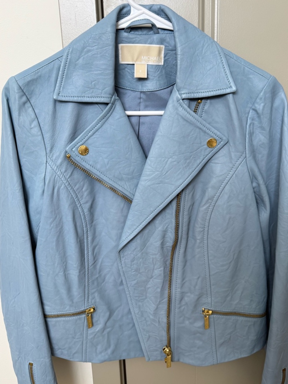 Michael Kors Pastel Blue Leather Moto Jacket with Gold Hardware